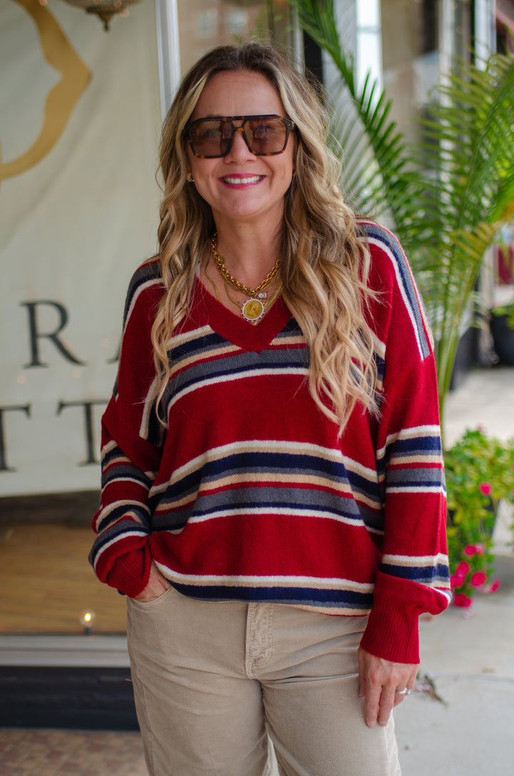 Change of Season Deep Red Stripe V-Neck Sweater