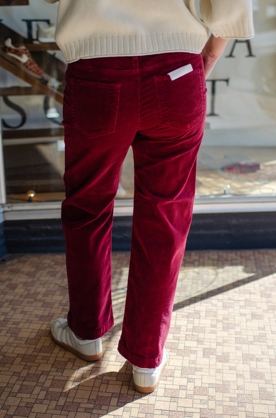 Risen Tummy Control Mid Rise Ankle Straight Leg Corduroy Pants in Wine