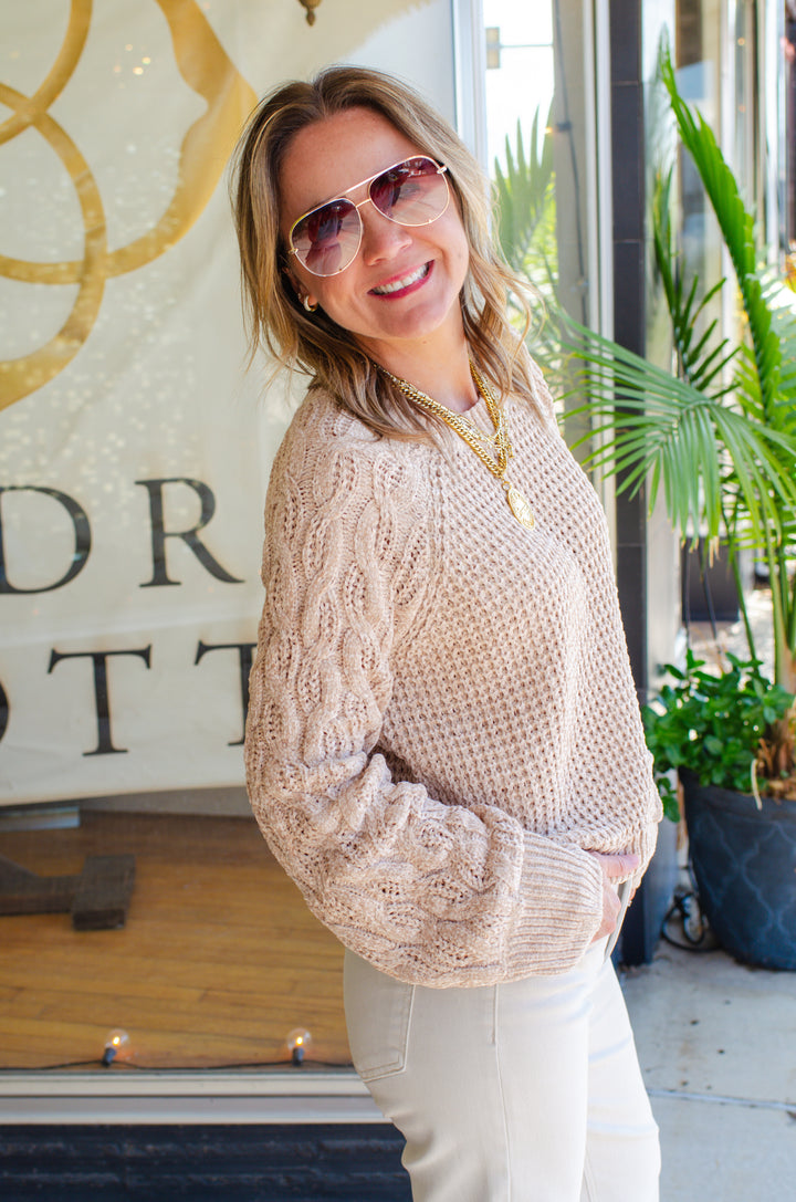 Warm Embrace Soft Chenille Cable Knit Sweater in Camel
