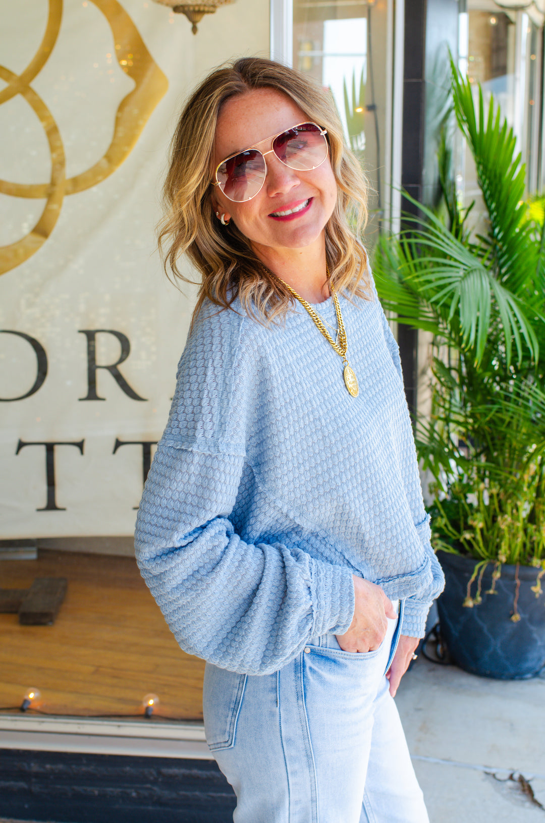 Cozy Moment Textured Round Neck Long Sleeve Top in Blue