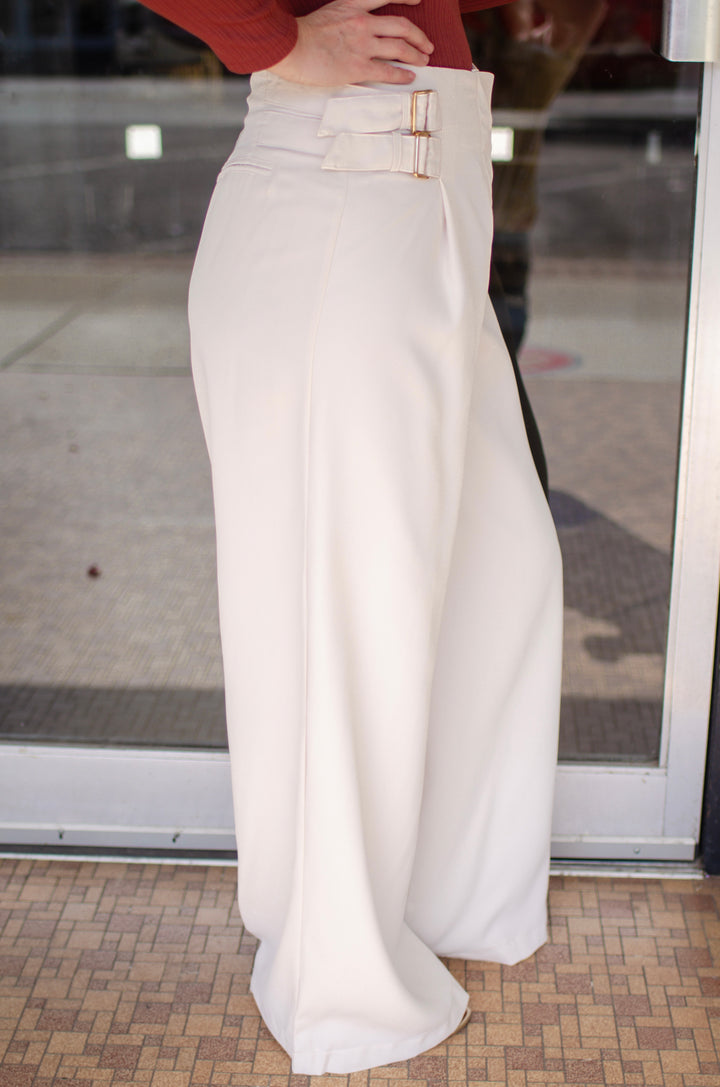 Pure Class Double Buckle Wide Leg High Rise Pant in Cream