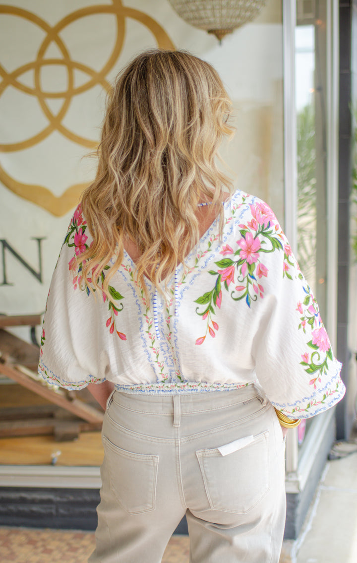 Amalfi Coast Floral Printed Kimono Sleeve Top in Pink