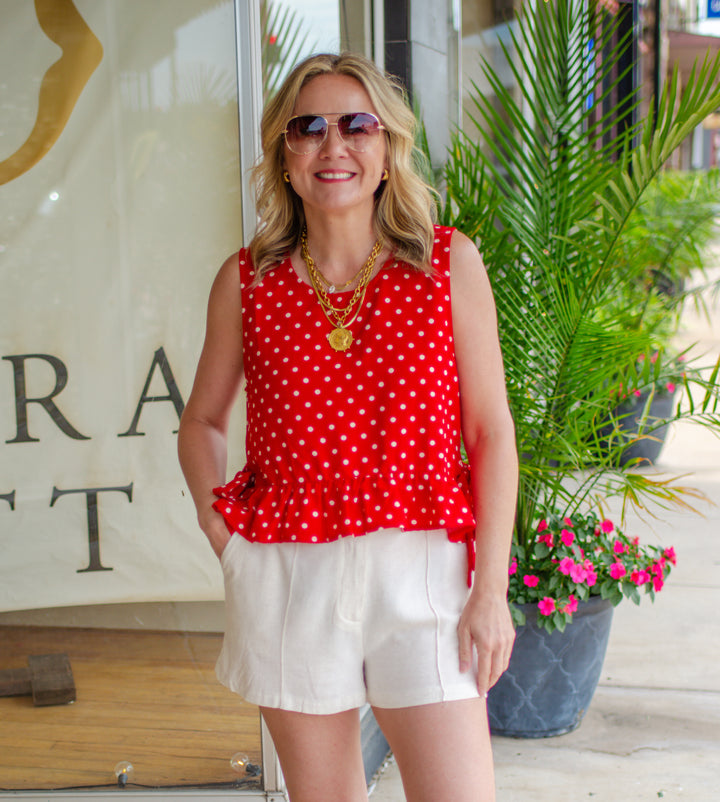 Spot On Red Polka Dot Ruffle Hem Bow Side Tank