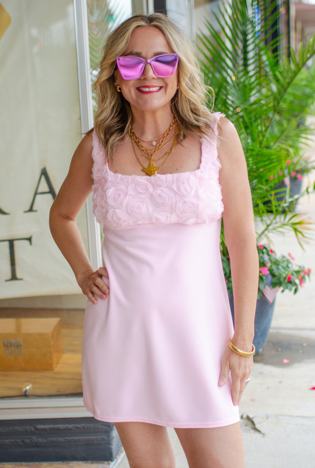 Rosette All Day Floral Mini Dress in Pink