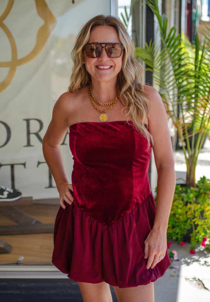 Take Me Out Velvet Strapless Bubble Hem Dress in Wine