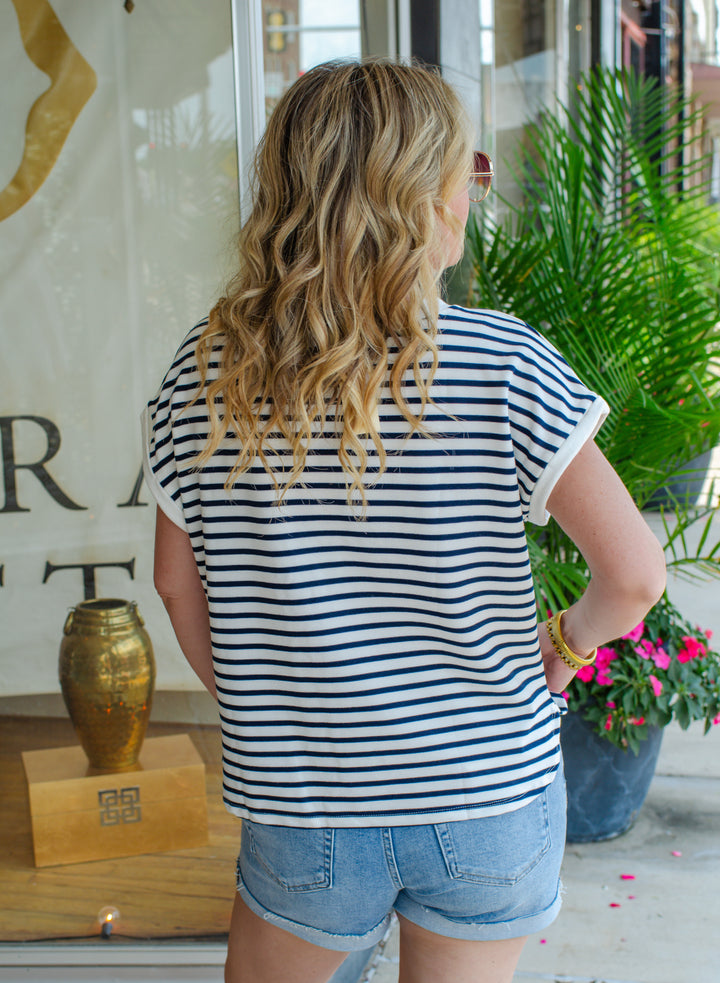 Nautical Navy & White Stripe Round Neckline Top