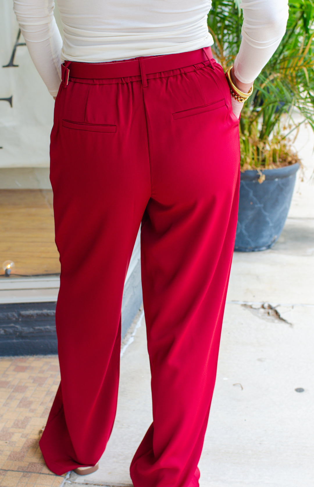 Sophisticated Beauty Belted Wide Leg Trouser Pant in Deep Red