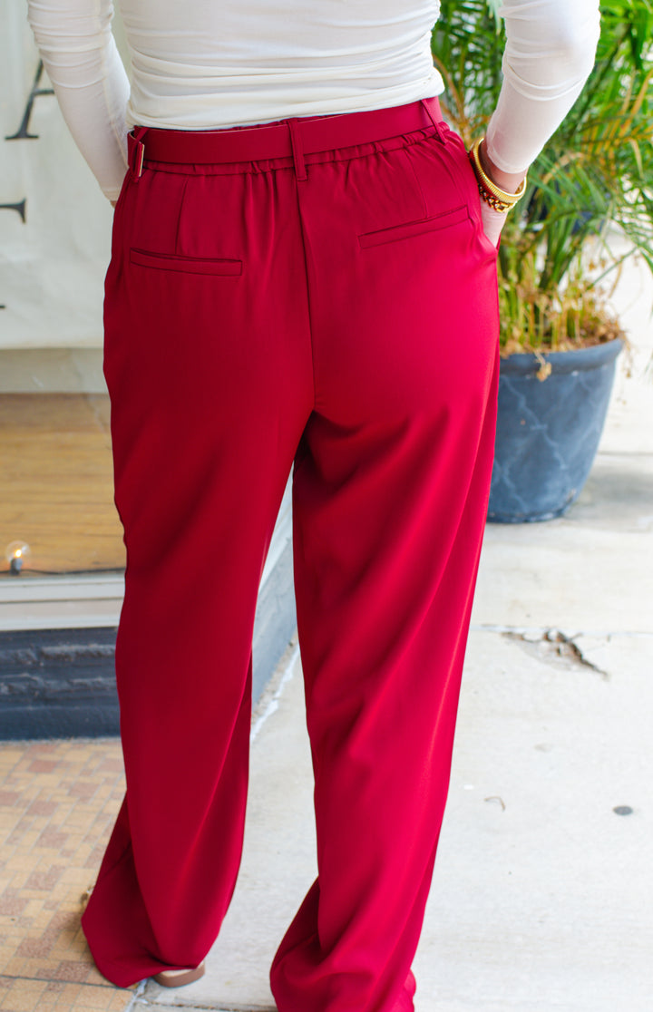 Sophisticated Beauty Belted Wide Leg Trouser Pant in Deep Red