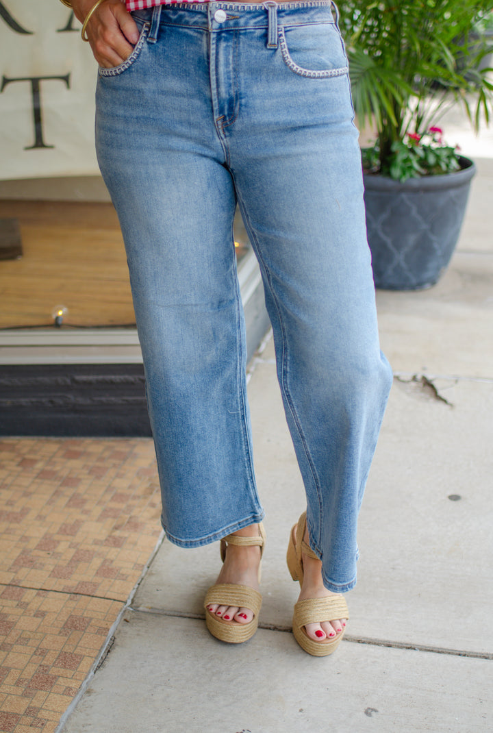 Risen Stitched Pocket & Waist High Rise Straight Leg Jeans