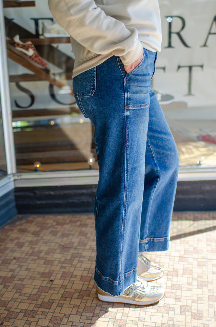 Risen High Rise Crop Straight Front Seam Detailed Jeans in Dark