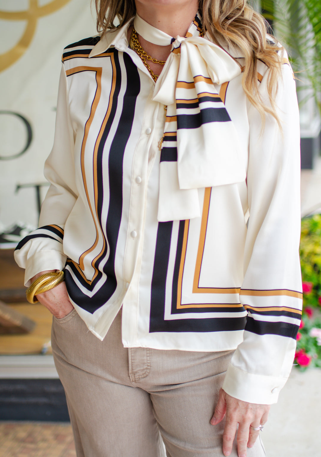 Perfectly Posh Button Down Top with Neck Scarf in Cream