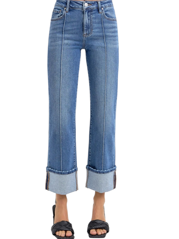 Risen High Rise Ankle Straight Wide Cuff Jeans in Medium Wash
