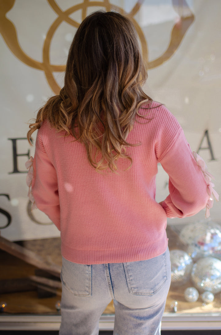 Be Mine Pink Knit Sweater with Bow Detail on Sleeves