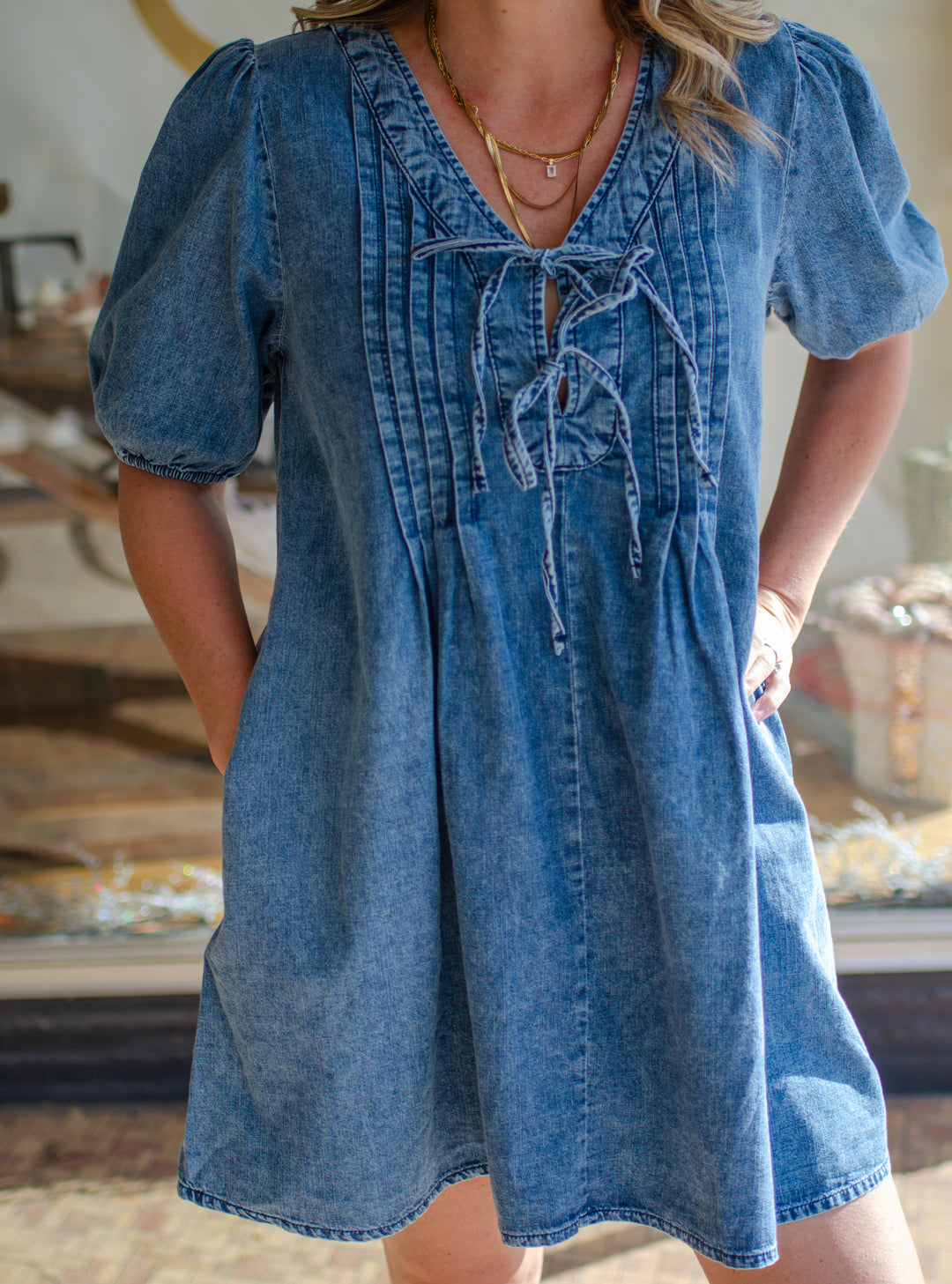 Spin Me Around Ruched Front Swing Denim Dress