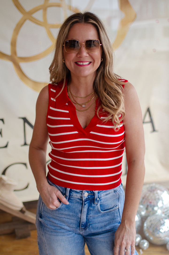 Last Chance Stripe Fitted Collared Tank in Red