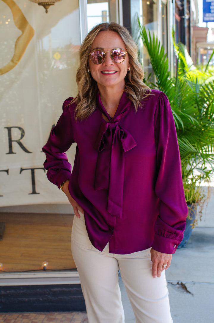 Your My Beau Tie Front Silky Long Sleeve Top in Eggplant