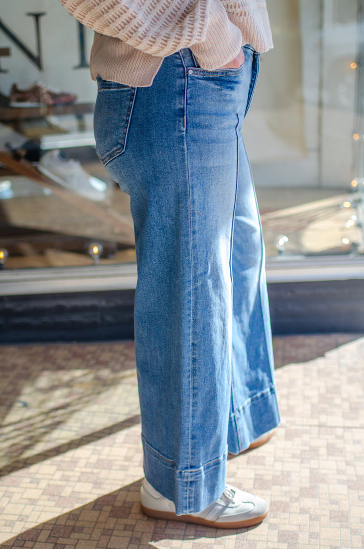 Risen Tummy Control Mid Rise Pin Tuck Crop Wide Leg Pants in Medium Wash