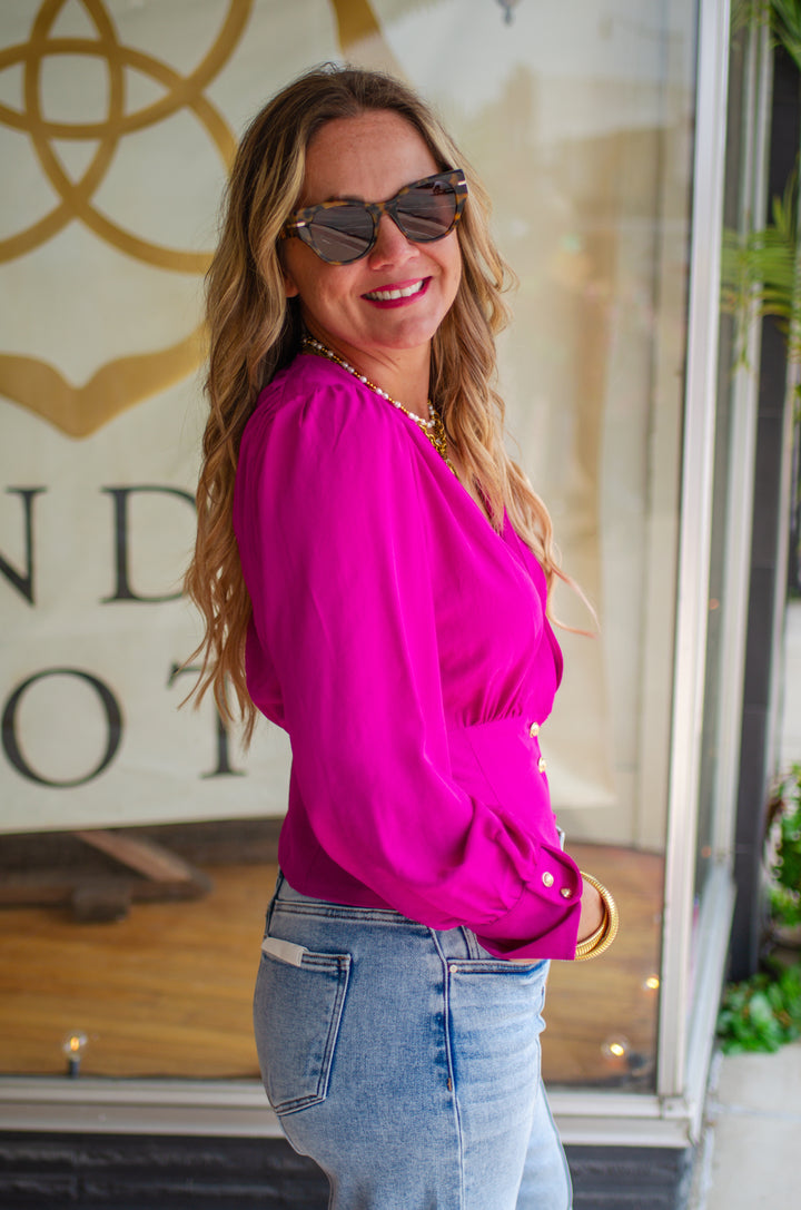 Run To You Long Sleeve Surplice Top with Gold Button Detail in Magenta