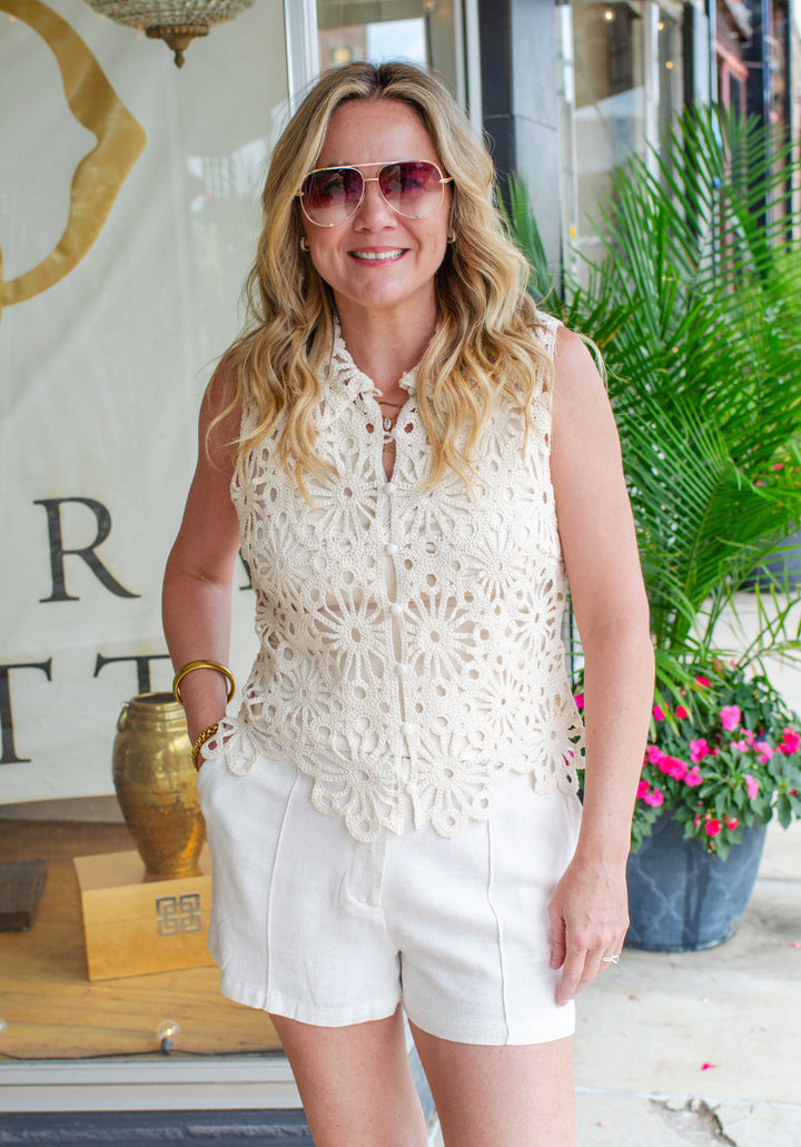 Bohemian Babe Crochet Collar Button Down Top in Natural