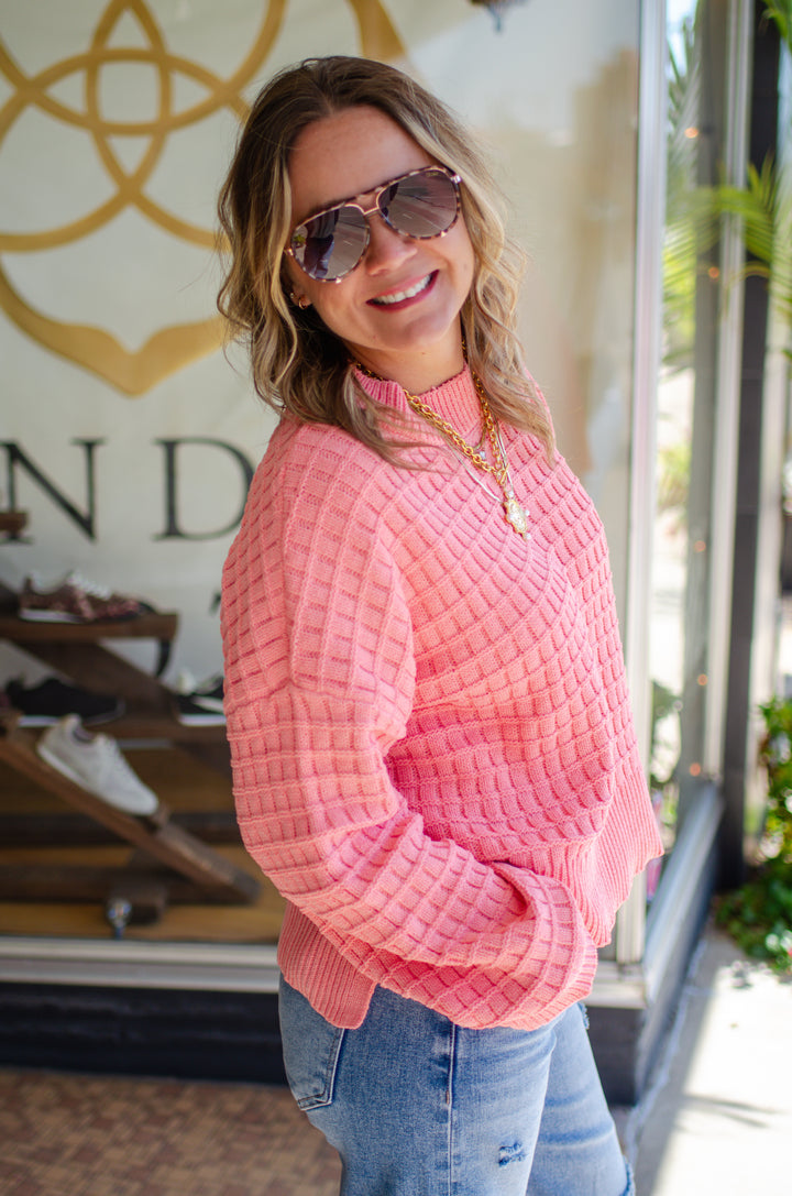 Take It Easy Textured Knit Sweater in Coral