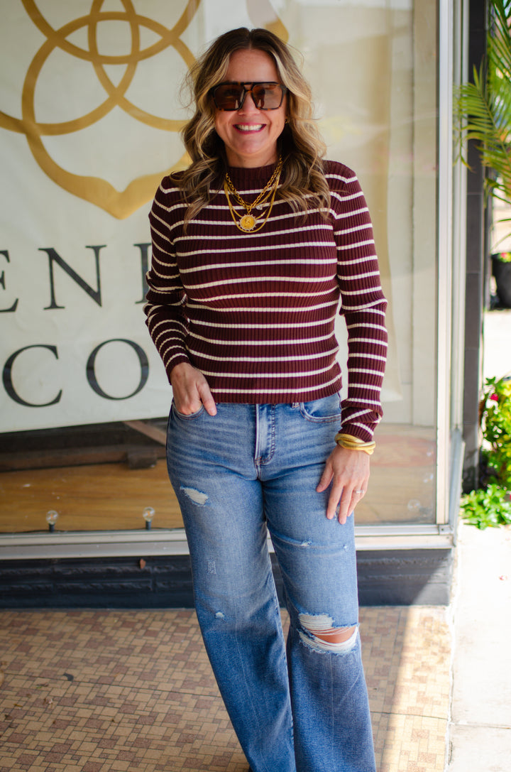 Love Story Ribbed Stripe Fitted Mock Neck Top in Chocolate Brown