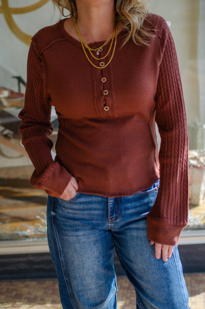 Winter Wish Button Up Long Sleeve Top in Cinnamon
