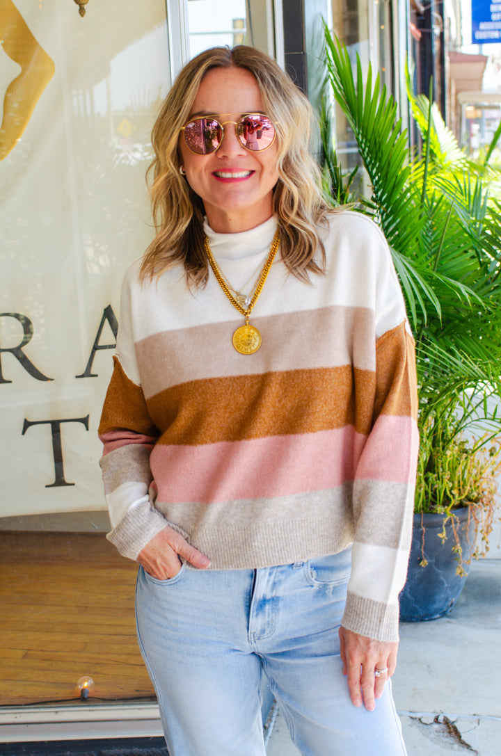 True One Multi Color Stripe Mock Neck Sweatshirt