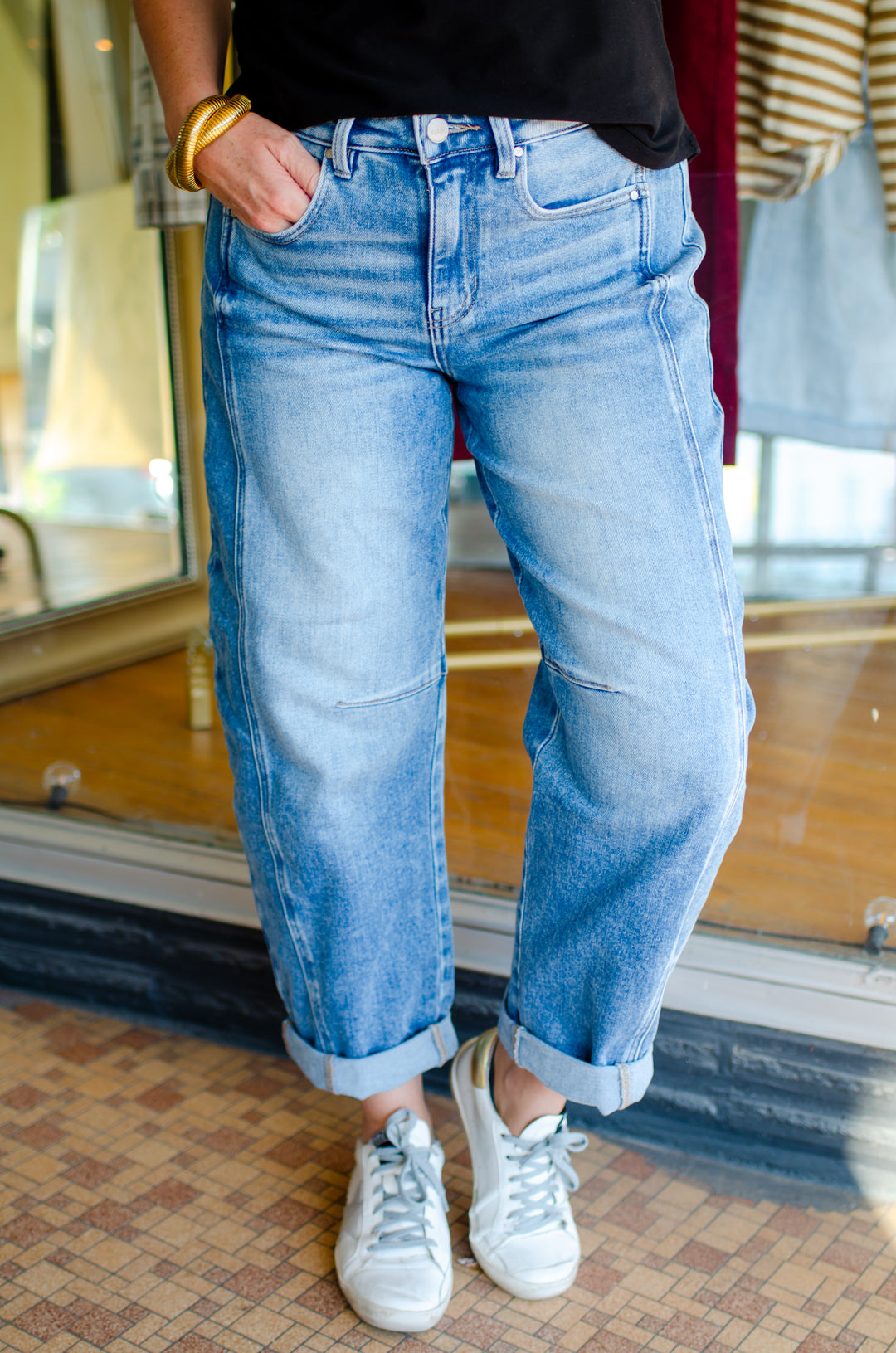 Risen High Rise Boyfriend Cuffed Barrel Jeans in Medium Wash