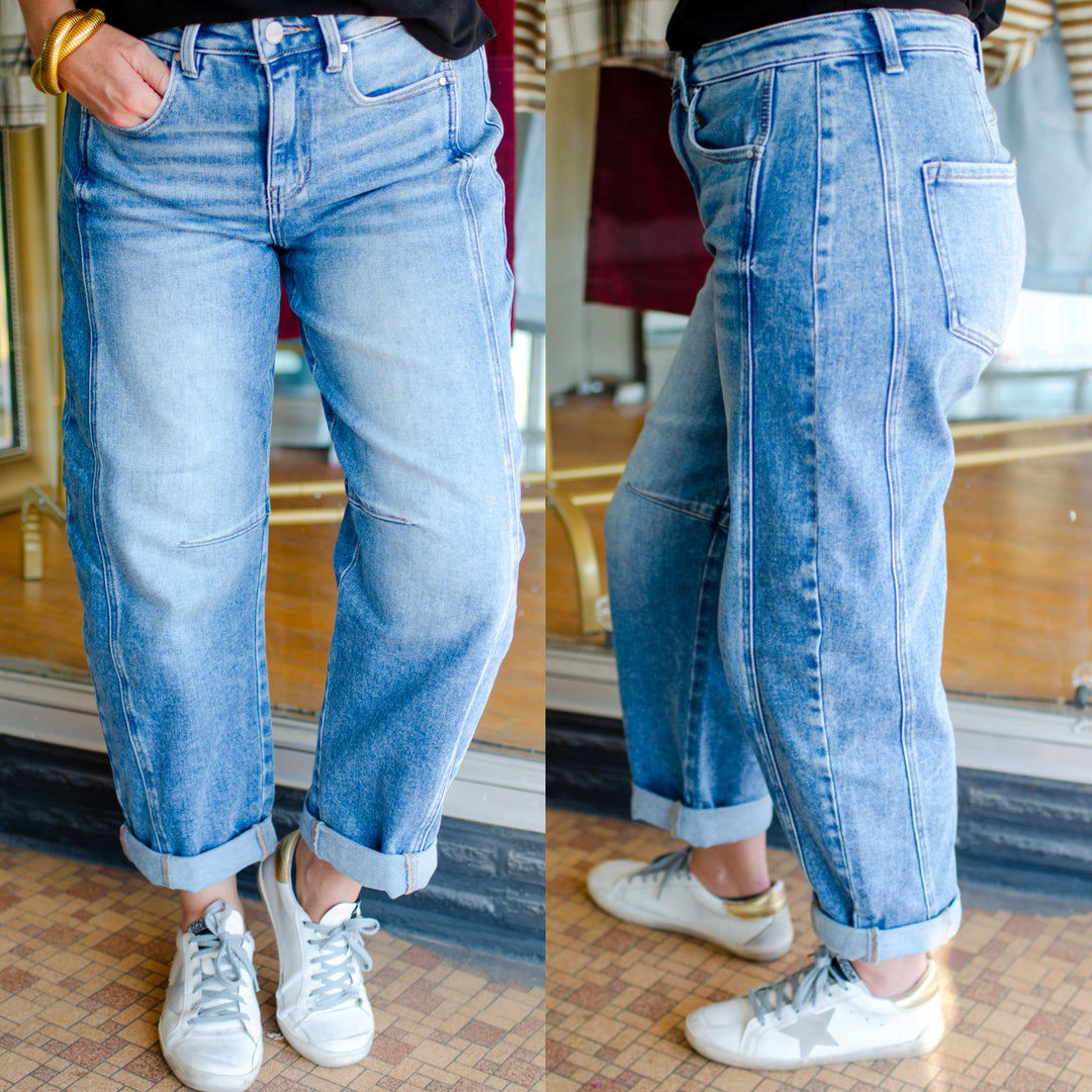 Risen High Rise Boyfriend Cuffed Barrel Jeans in Medium Wash