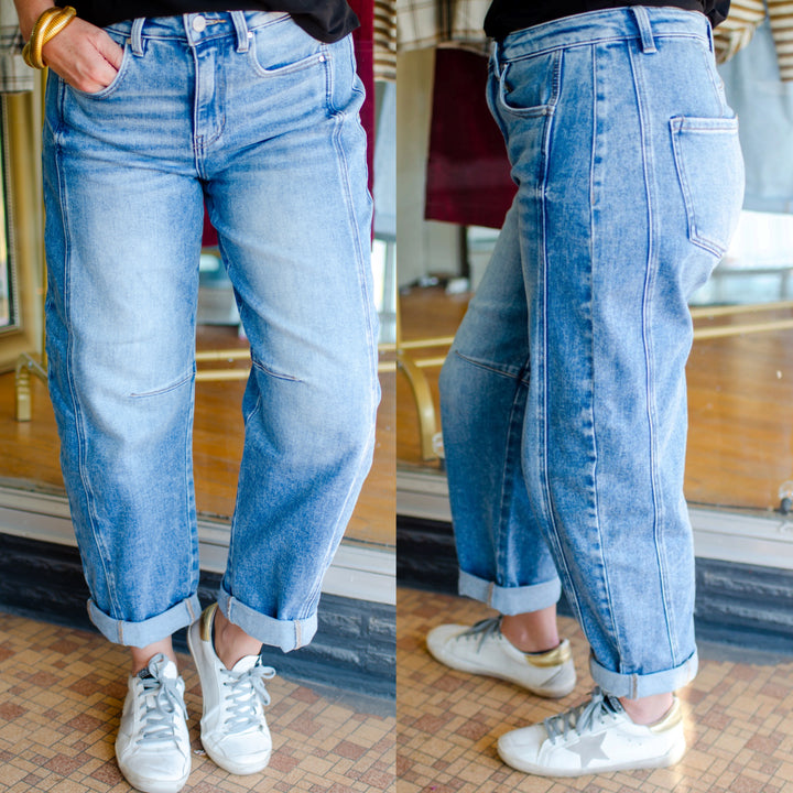 Risen High Rise Boyfriend Cuffed Barrel Jeans in Medium Wash