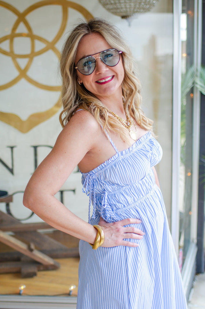 Amalfi Stripe Side Tie Midi Dress in Blue & White