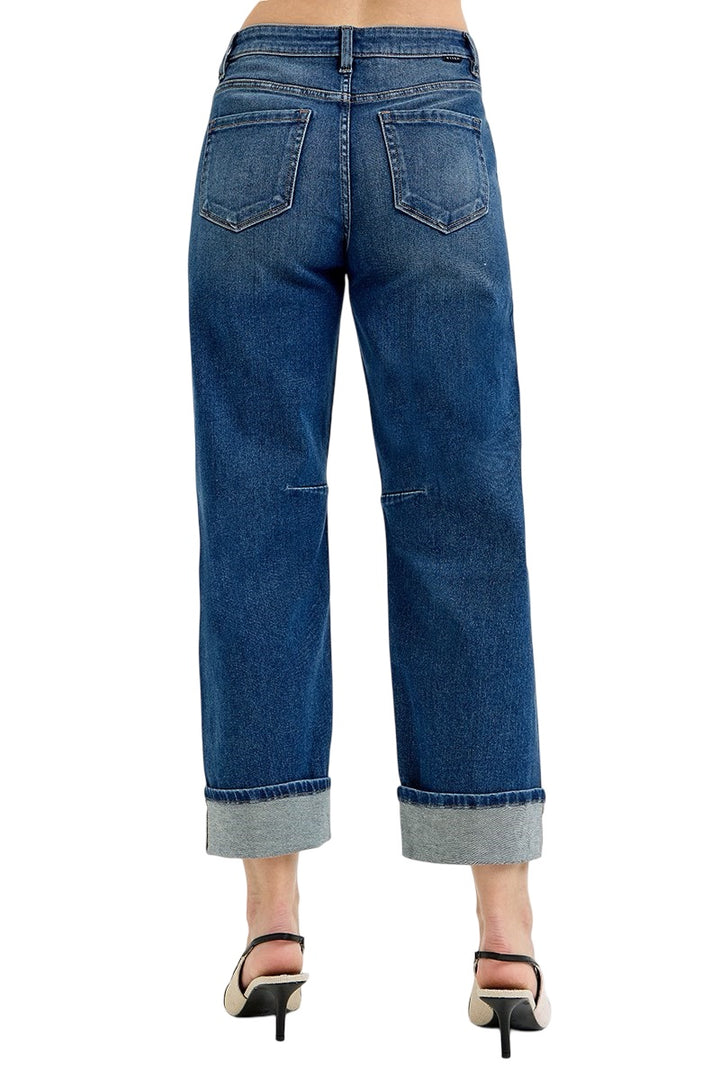 Risen Slouchy Crop Barrel Cuffed Jeans in Dark Wash