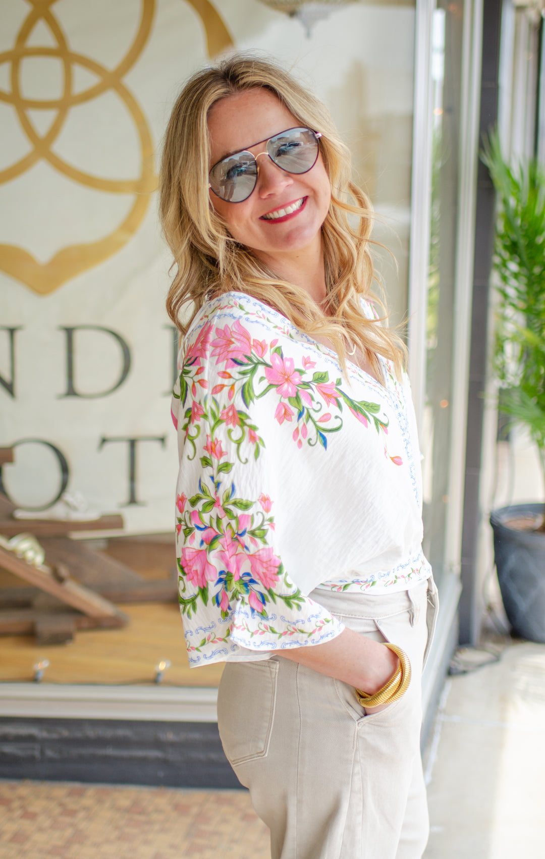 Amalfi Coast Floral Printed Kimono Sleeve Top in Pink
