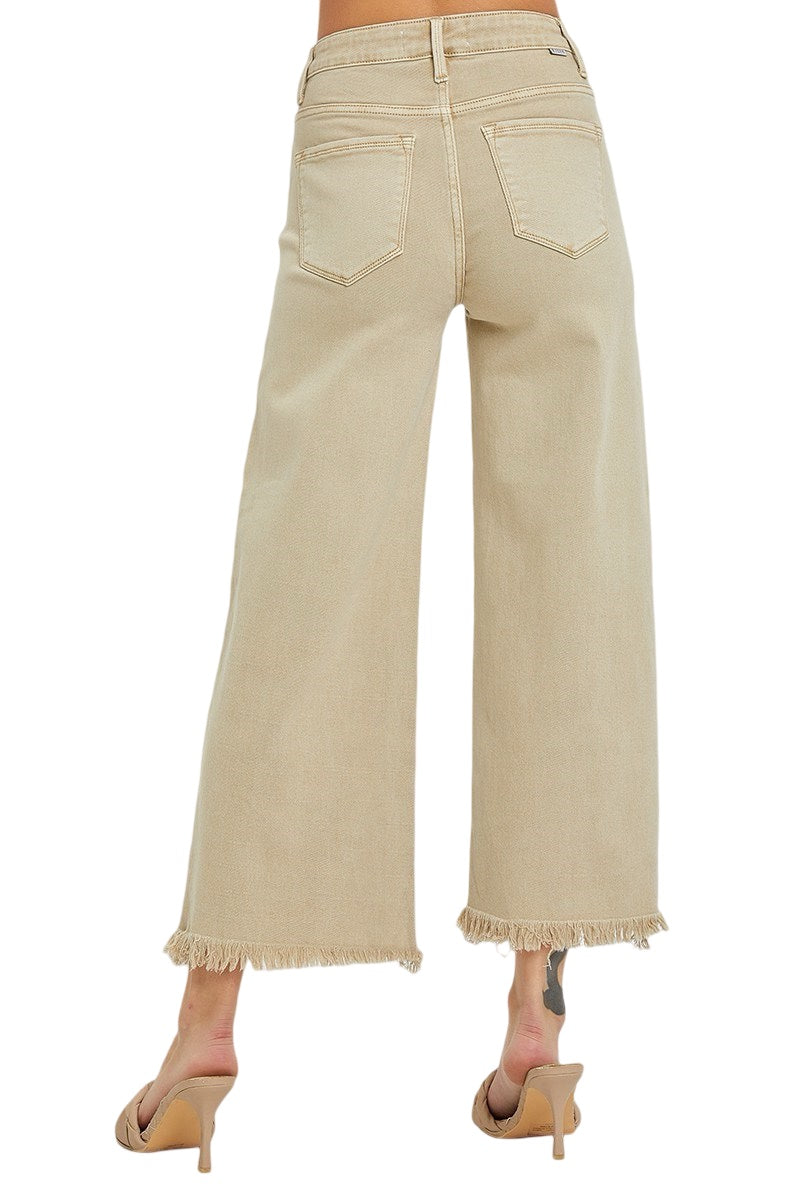 Risen High Rise Tummy Control Wide Crop Leg Jeans in Khaki