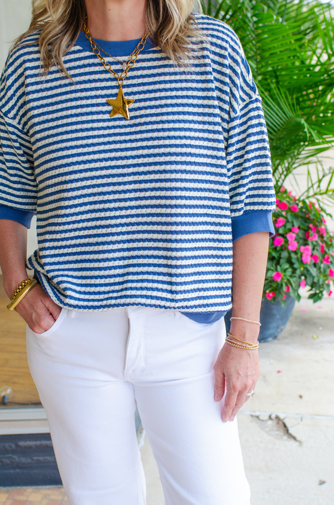 Classic Oversized Striped Tee in Light Denim