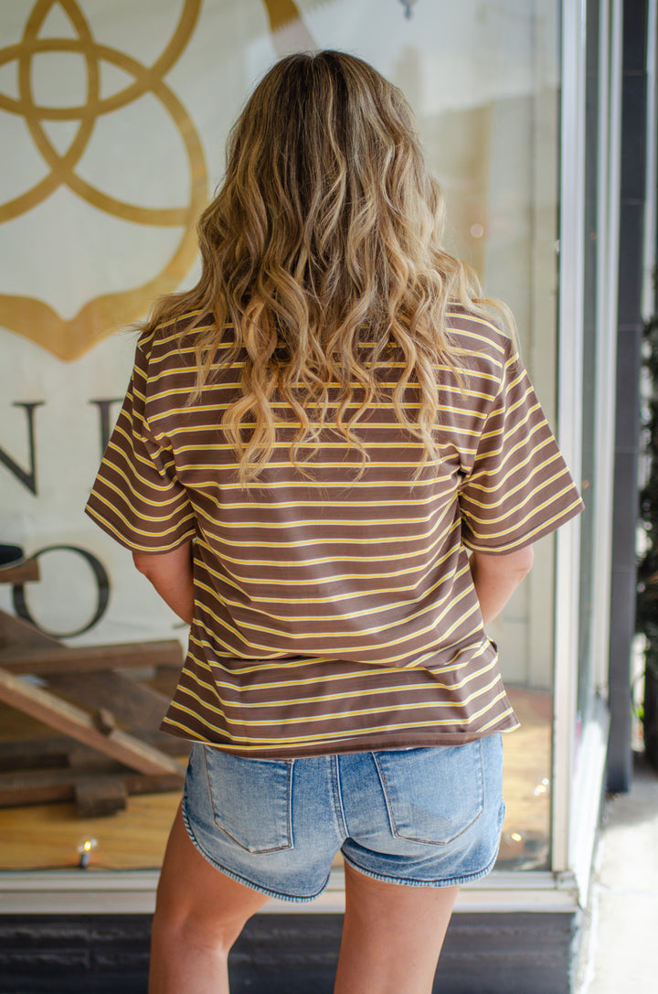 Retro Style Stripe Collared Short Sleeve Top in Mocha