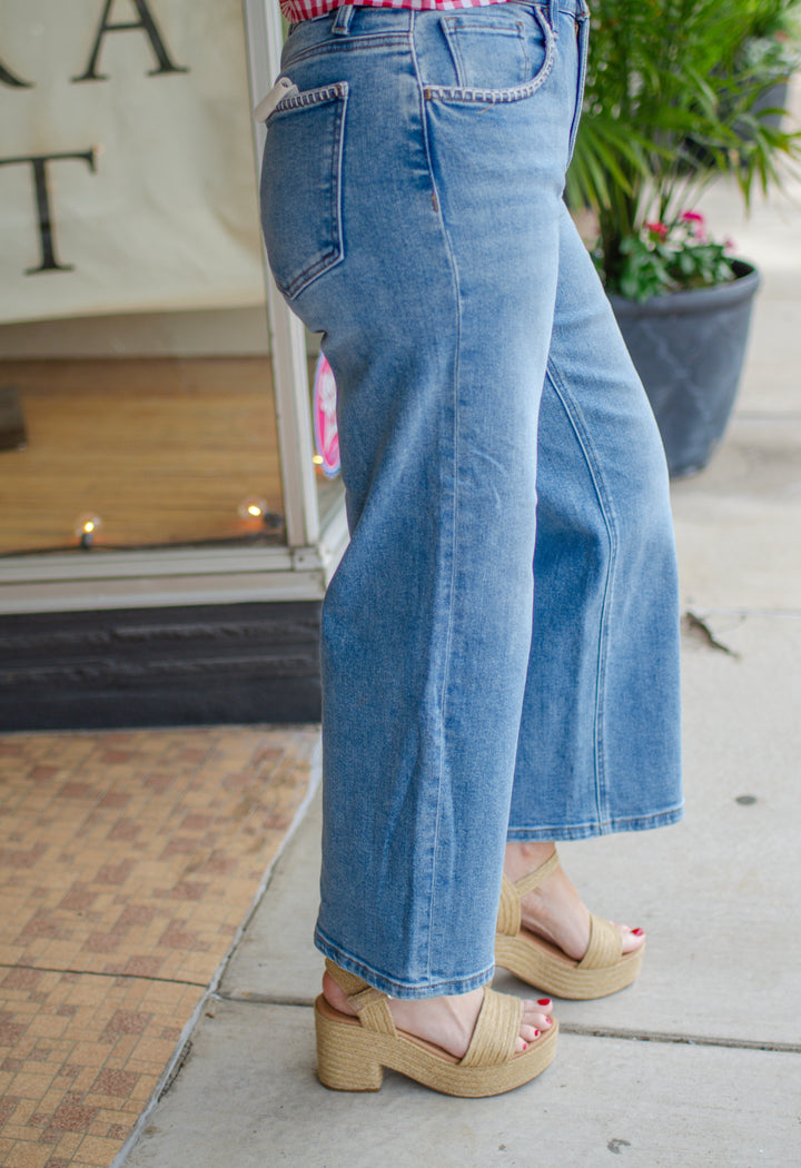 Risen Stitched Pocket & Waist High Rise Straight Leg Jeans