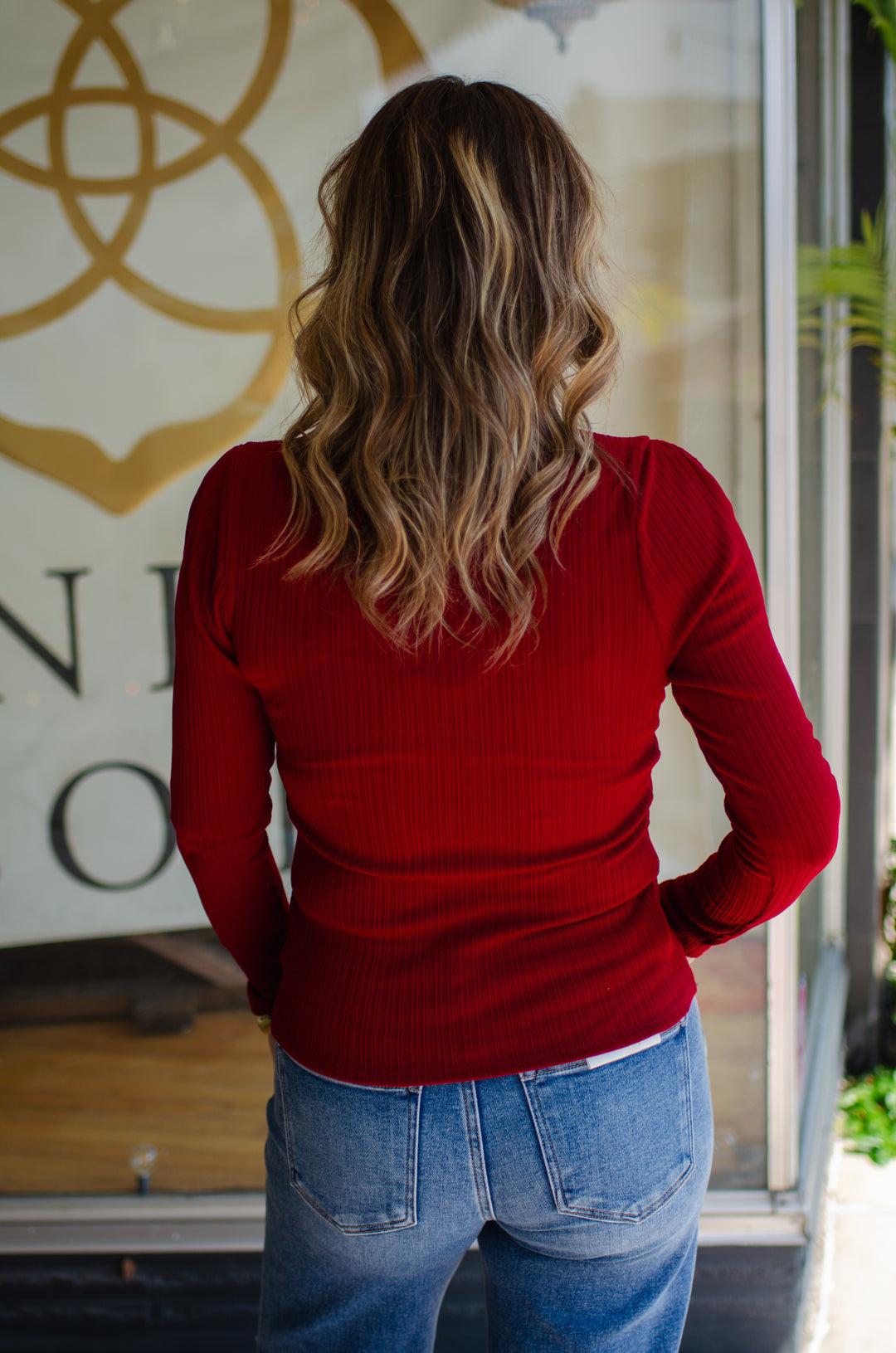 Come Back To Me Burgundy Stretch Round Neckline Long Sleeve Top