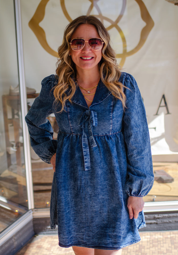 Denim Dreamer Bow Front Washed Dark Denim Dress