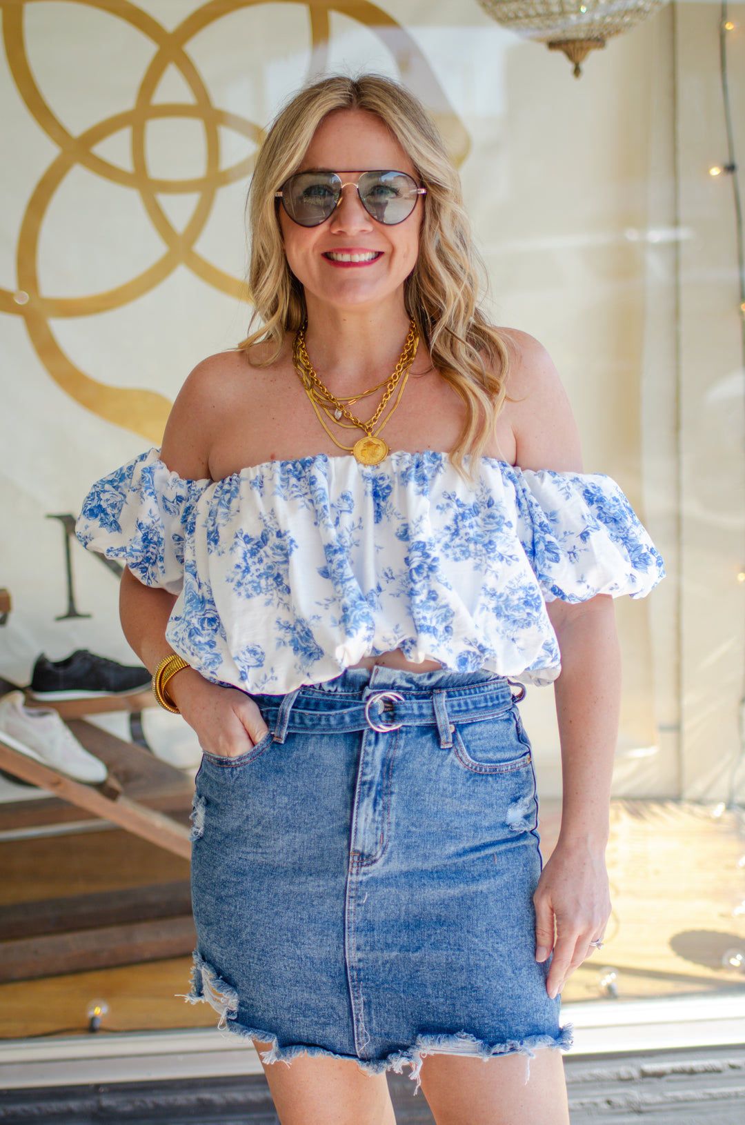 True Love Blue Floral Off The Shoulder Bubble Top