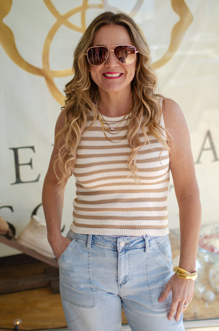 Nautical Moment Stripe Knit Sleeveless Tank in Khaki & Cream