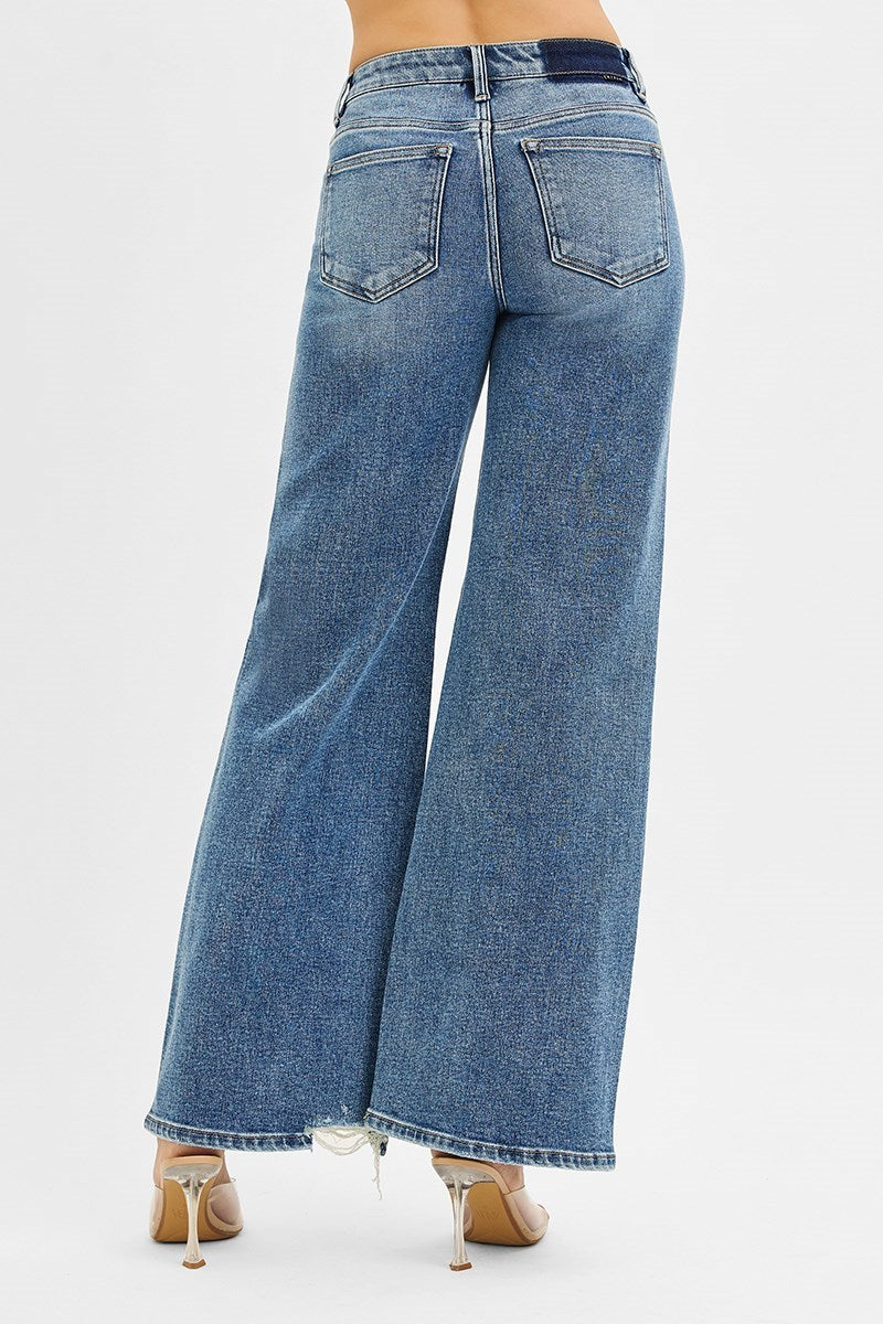 Risen Mid Rise Tummy Control Wide Jeans in Medium Wash