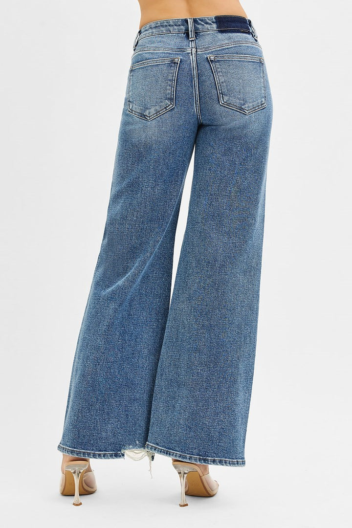 Risen Mid Rise Tummy Control Wide Jeans in Medium Wash