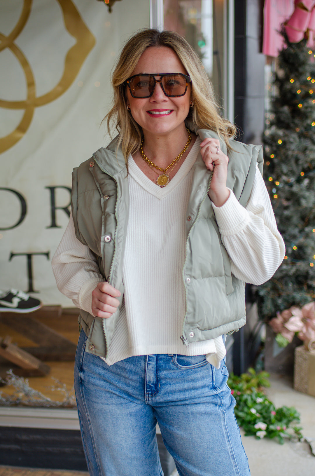 Classic Statement Puffer Vest in Sage