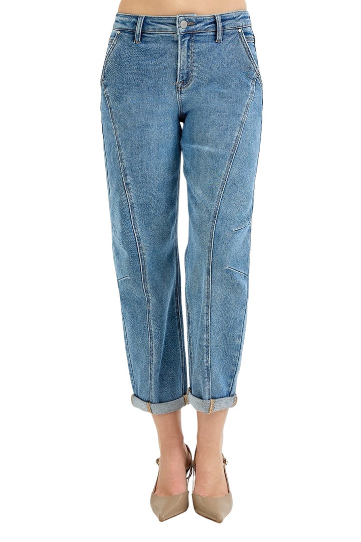 Risen Slouchy Crop Seam Detailed Barrel Jeans in Medium Wash