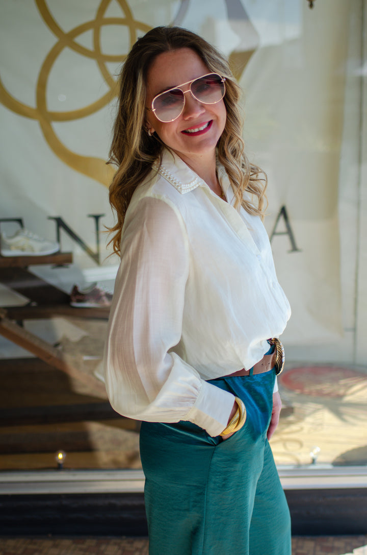 Take Me Back Pearl Collar Button Down Tuck Front Top in Cream