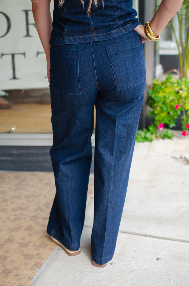 Chic Denim Pintuck Wide Leg High Rise Pant Pant