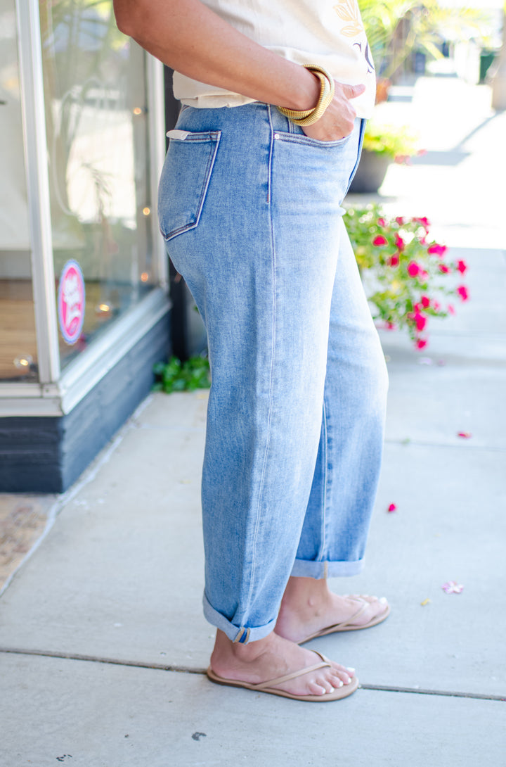 Risen High Rise Crop Barrel Jeans in Medium Wash