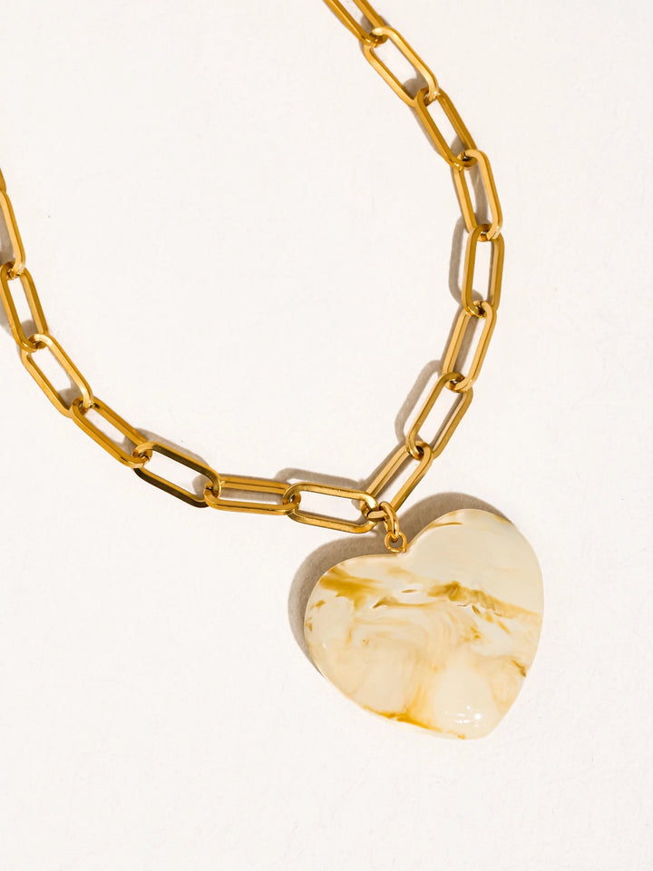 Luxe 18K Stainless Steel Tarnish-Free White Heart Pendant Chain Necklace in Gold