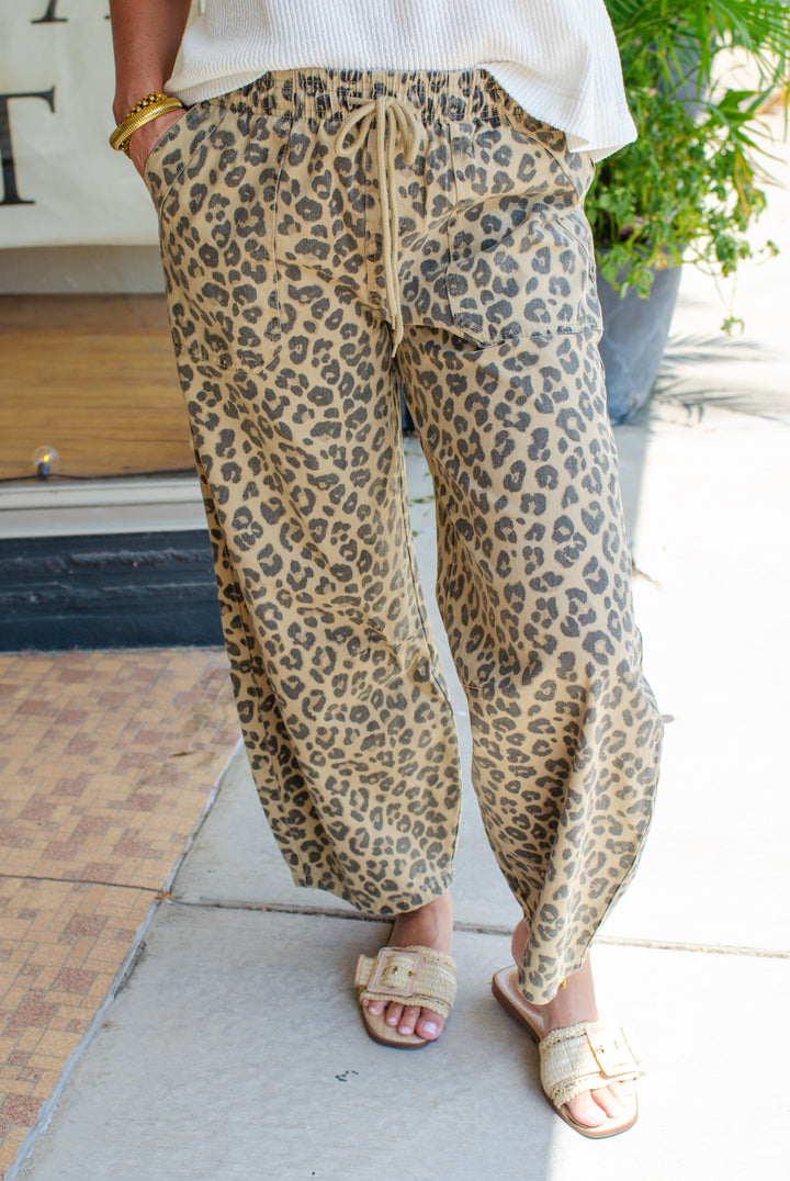 Way to My Heart Drawstring Stretch Waist Barrel Leopard Pants